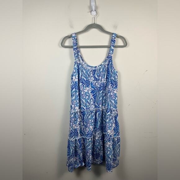 Lilly Pulitzer Blue and White Floral Tiered Swing Cotton Dress Size Large EUC - Picture 3 of 8